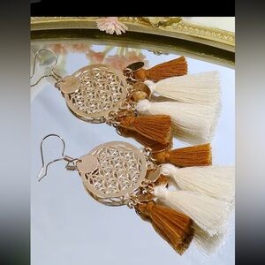 Boho Tassel Drop Earrings in Cream and Brown - Women's Jewelry